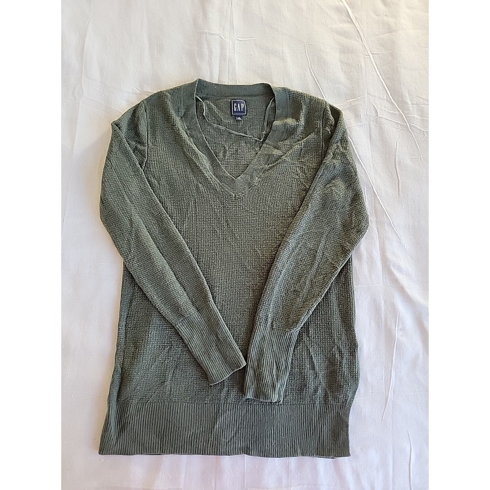 GAP Sweater Womens M Green Thermal V Neck‎ Merino Wool Blend Casual Lightweight